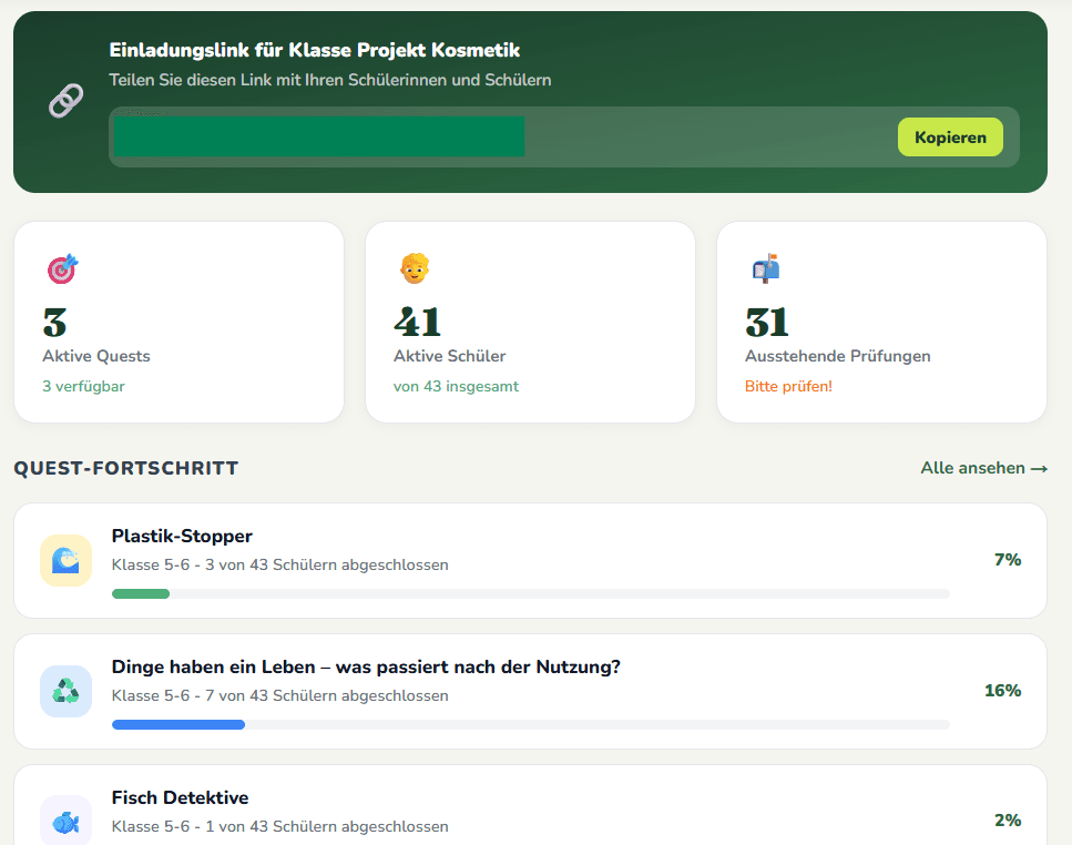 Screenshot des EcoQuest-Dashboards für Lehrkräfte mit Klassen-Statistiken und Quest-Fortschritt