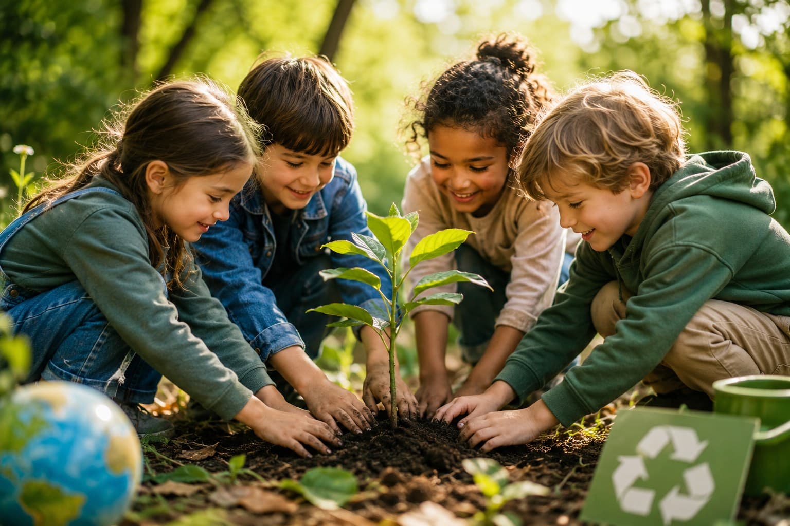 Kinder pflanzen gemeinsam einen jungen Baum