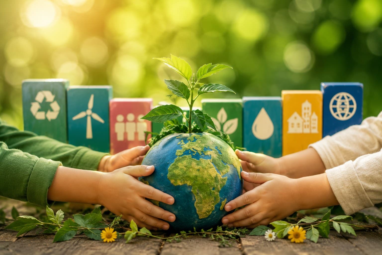 Kinderhände halten gemeinsam einen Globus, dahinter Bausteine mit Nachhaltigkeits-Symbolen