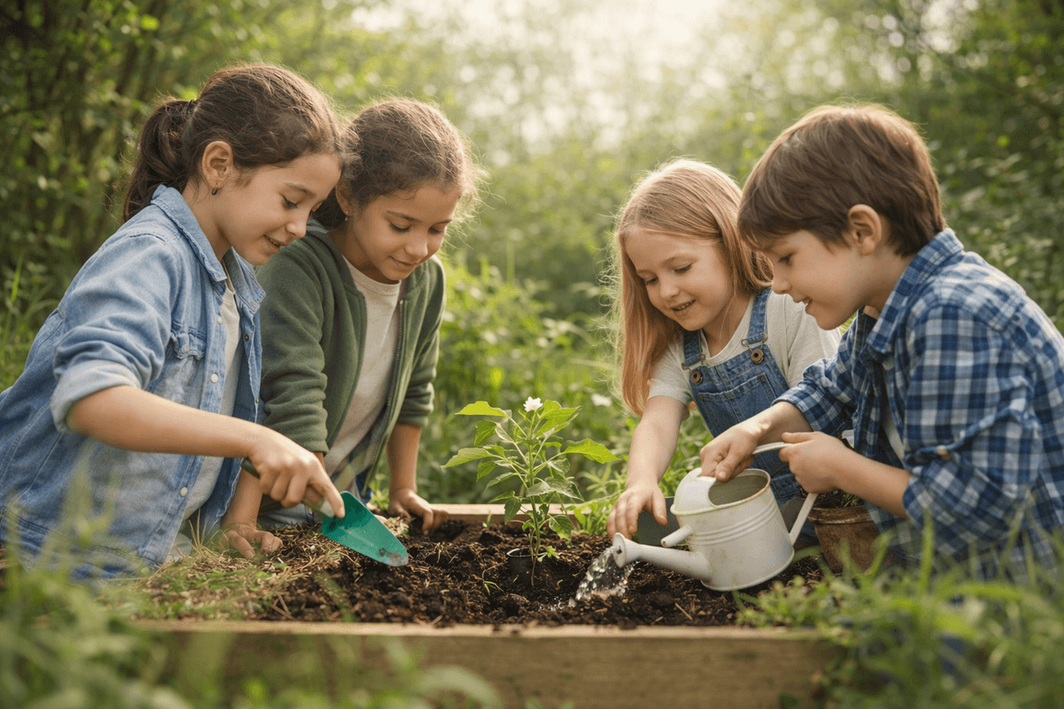 Kinder pflanzen gemeinsam im Schulgarten